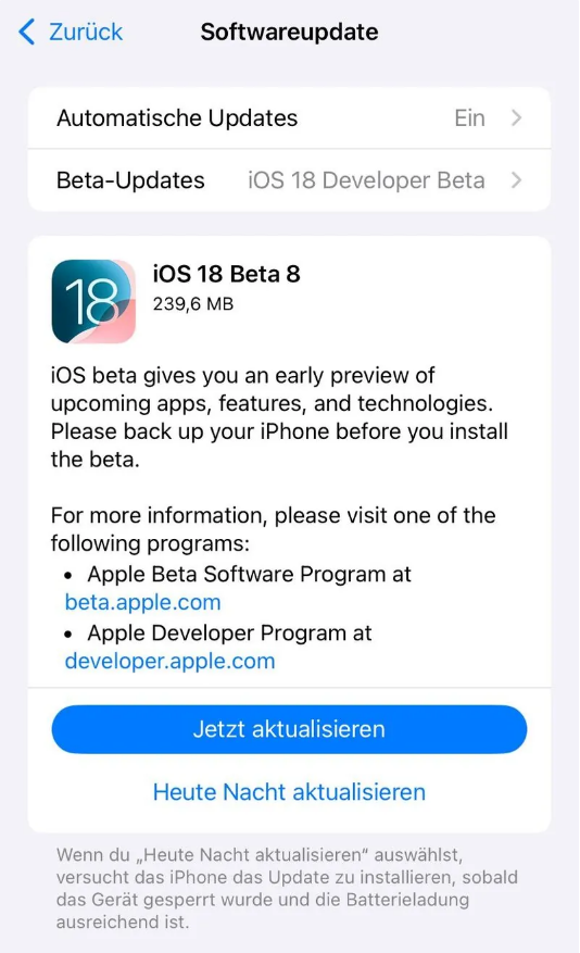 昌吉苹果手机维修分享苹果 iOS / iPadOS 18 开发者预览版 Beta 8 发布 